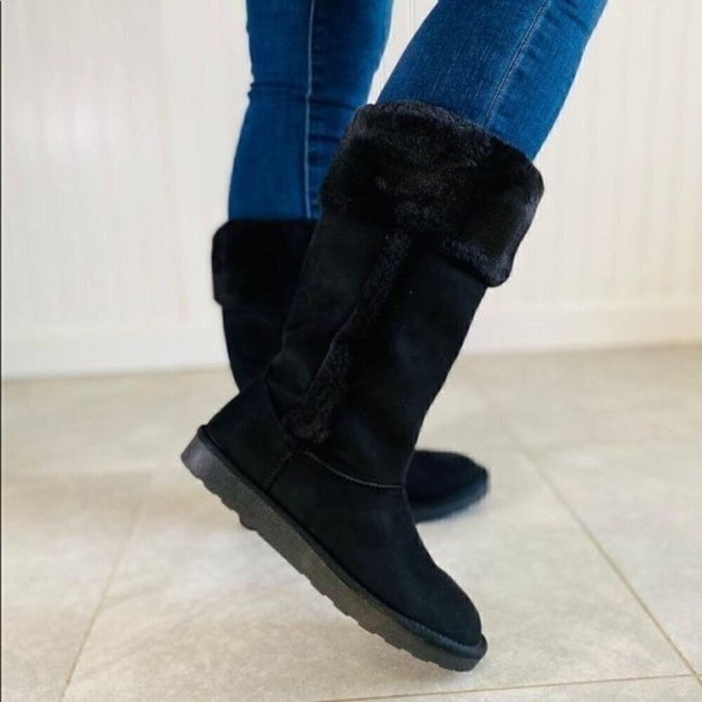Black Flat No Heel Boots Round Toe Above Ankle Booties Faux Suede
